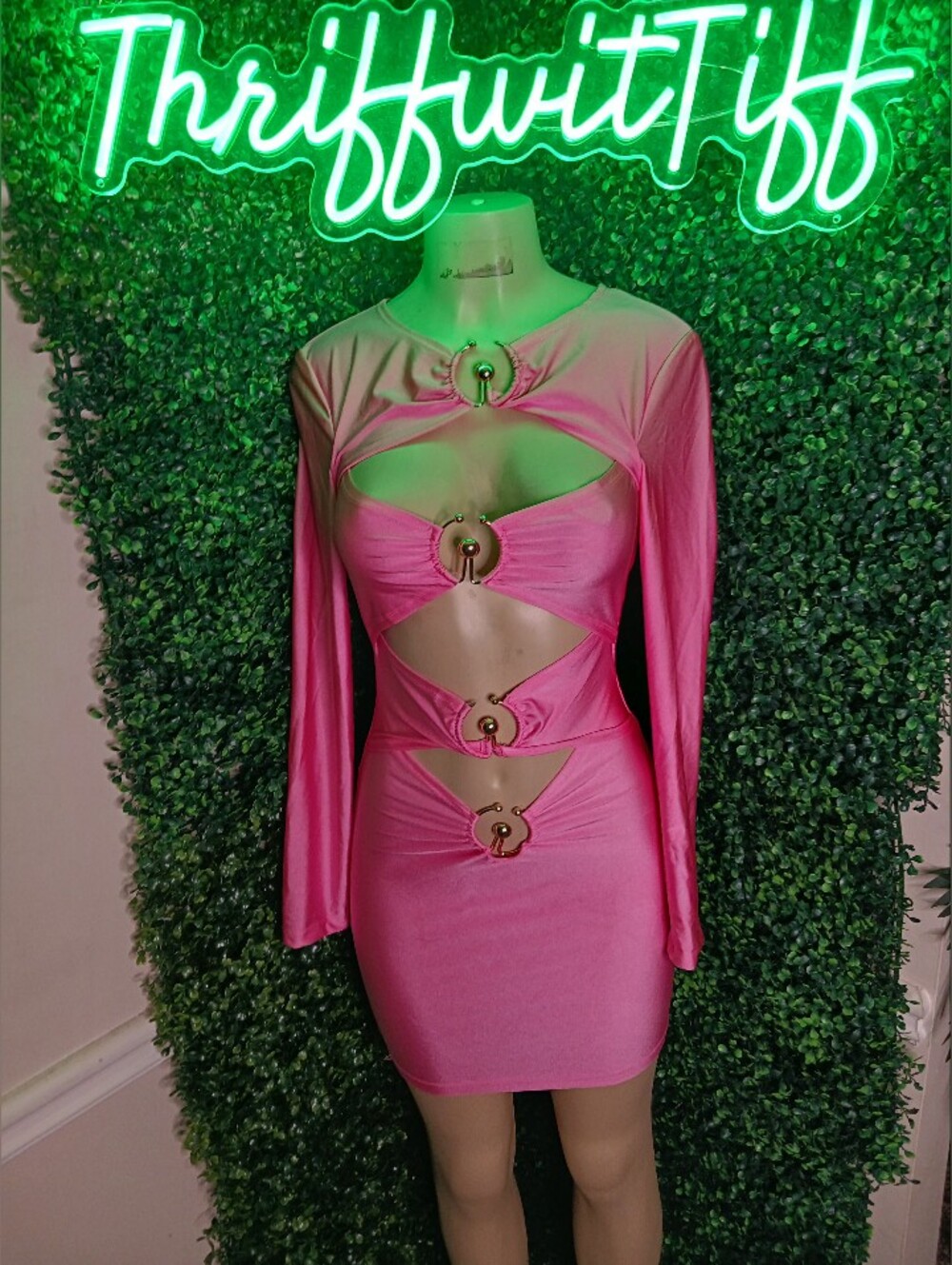 Tiff Pink Cutout Bodycon Dress with Ring Accents